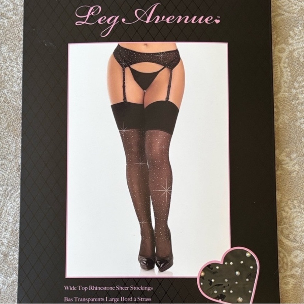Brand New Leg Avenue Rhinestone Sheer Stockings Black Thigh Highs Wide Top